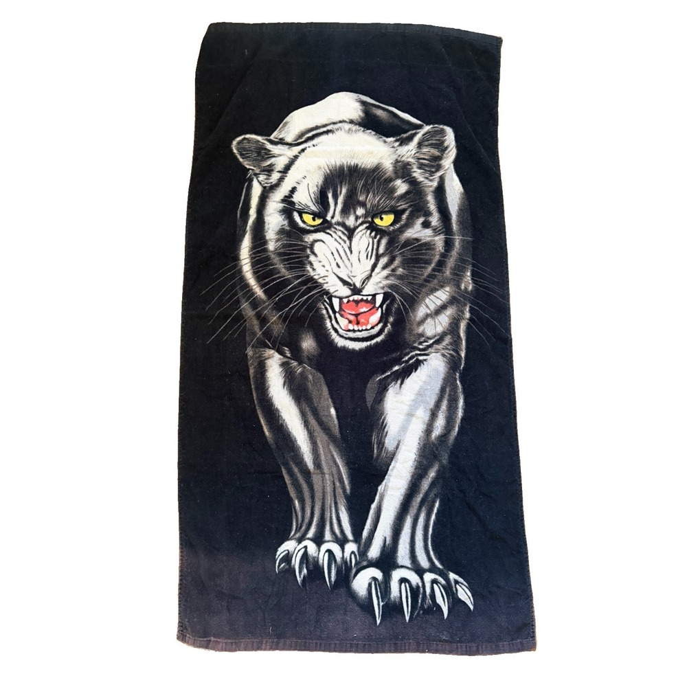 Vintage 1990s Cougar Black Panther Beach Towel Big Cat Snarling Copa Beach Towel